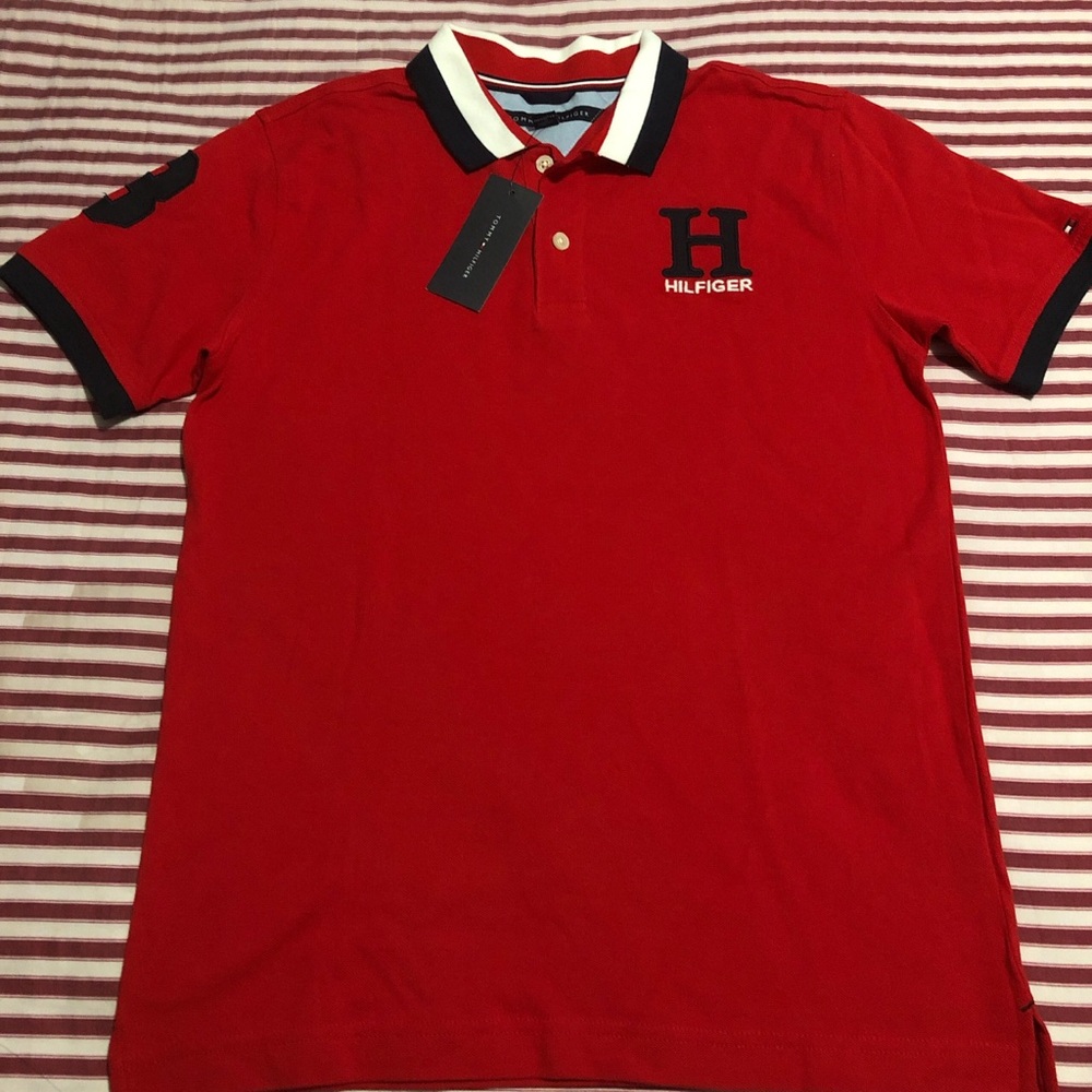 Brand New Tommy Hilfiger Youth Red Polo with Navy Contrast Collar
